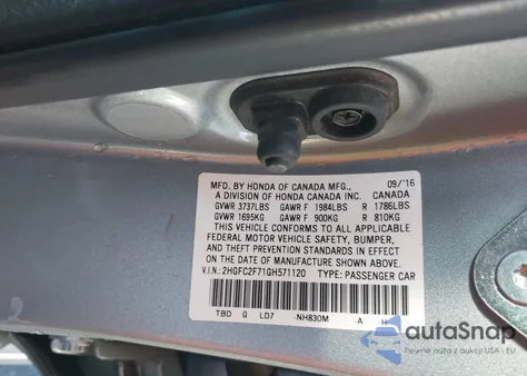 2016 Honda Civic Ex from USA, damaged, VIN 2HGFC2F71GH571120